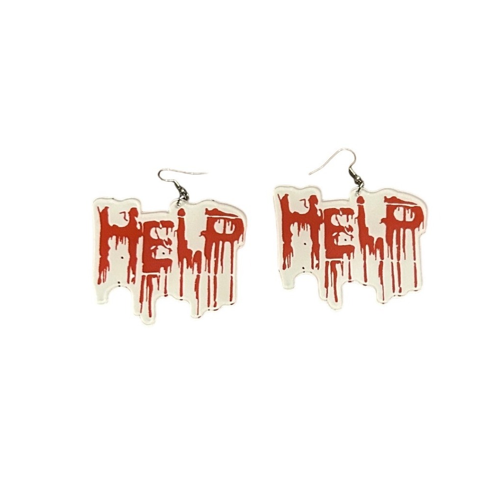 Halloween Dangle Drop Earrings Help Red Blood Drip Costume Spooky Horror Novelty - Picture 2 of 4